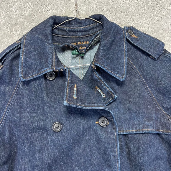 Lauren Jeans Co Ralph Lauren Trench Coat Womens Large Dark Wash Denim Belted - Picture 3 of 14